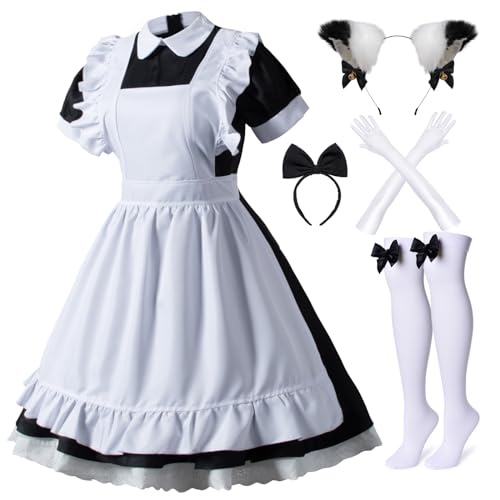 Japanisches Anime, Lolita, französisches Dienstmädchen, Schürze, Kostüm, Cosplay, Kostüm, Handschuhe, Kopfbedeckung, Socken, Set, 6-teilig, 6 Stück, schwarz., L von Wannsee