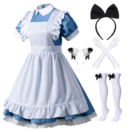 Wannsee Japanisches Anime, Lolita, französische Dienstmädchen, Schürze, Kostüm, Cosplay, Kostüm, Handschuhe, Kopfbedeckung, Socken, Set (Blau, 3XL) von Wannsee