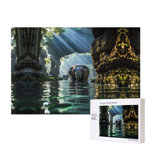 Asiatischer Elefant im Wasser Puzzles für Erwachsene, 300 Teile, Holzpuzzle für Familie, Freunde, Heimdekoration, Wandkunst, 15,7 x 27,9 cm von WapNo