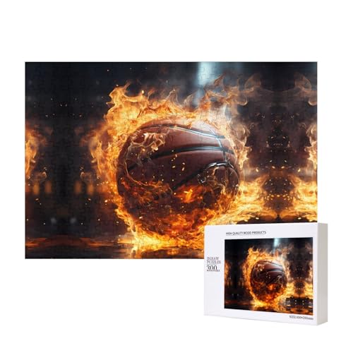 Basketball auf Feuer und Wasserflamme Spritzpuzzle für Erwachsene, 300 Teile, Holzpuzzle für Familie, Freunde, Heimdekoration, Wandkunst, 15,7 x 27,9 cm von WapNo