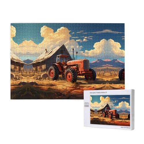 Bauernhof-Puzzles mit rotem Traktor für Erwachsene, 1000 Teile, Holzpuzzle für Familie, Freunde, Heimdekoration, Wandkunst, 29,5 x 50 cm von WapNo