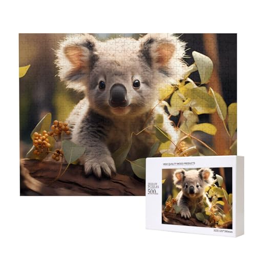 Niedliche Koala-Pflanzenpuzzles für Erwachsene, 500 Teile, Holzpuzzle für Familie, Freunde, Heimdekoration, Wandkunst, 20,4 x 38,1 cm von WapNo