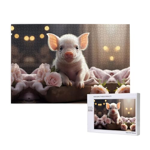 Niedliches junges Schweine-Puzzle für Erwachsene, 1000 Teile, Holzpuzzle für Familie, Freunde, Heimdekoration, Wandkunst, 29,5 x 50 cm von WapNo