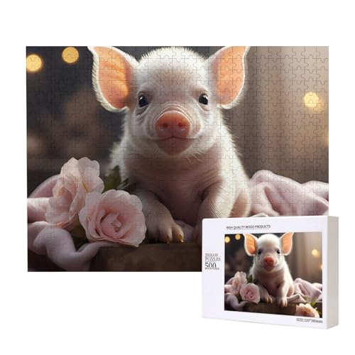 Niedliches junges Schweine-Puzzle für Erwachsene, 500 Teile, Holzpuzzle für Familie, Freunde, Heimdekoration, Wandkunst, 20,4 x 38,1 cm von WapNo