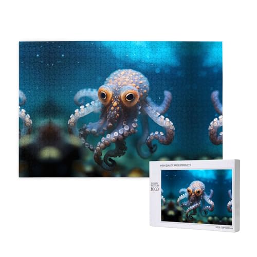 Oktopus mit großen Augen, Puzzles für Erwachsene, 1000 Teile, Holzpuzzle für Familie, Freunde, Heimdekoration, Wandkunst, 75 x 50 cm von WapNo