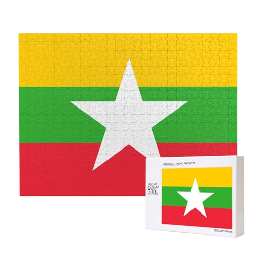 Puzzle mit Flagge von Myanmar für Erwachsene, 500 Teile, Holzpuzzle für Familie, Freunde, Heimdekoration, Wandkunst, 20,4 x 38,1 cm von WapNo