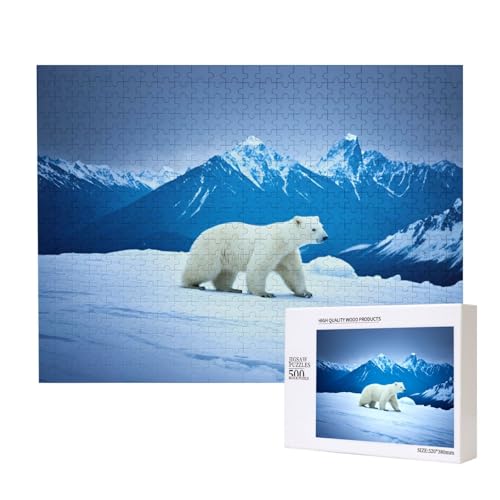 Snowy Mountain Eisbär-Puzzles für Erwachsene, 500 Teile, Holzpuzzle für Familie, Freunde, Heimdekoration, Wandkunst, 20,4 x 38,1 cm von WapNo