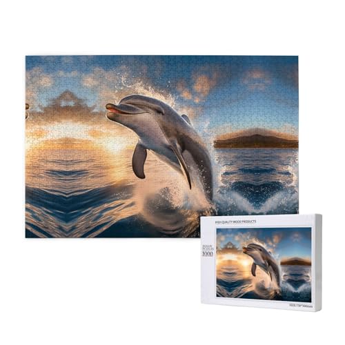 Springender Delfin-Puzzles für Erwachsene, 1000 Teile, Holzpuzzle für Familie, Freunde, Heimdekoration, Wandkunst, 75 x 50 cm von WapNo