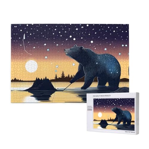 Star Fishing Bear Puzzles für Erwachsene, 1000 Teile, Holzpuzzle für Familie, Freunde, Heimdekoration, Wandkunst, 29,5 x 50 cm von WapNo