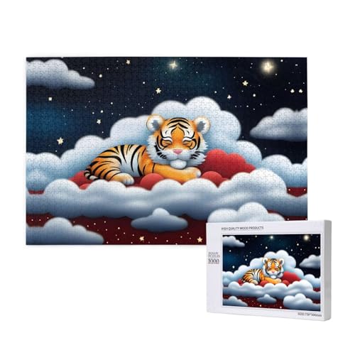 Tiger Cubs in The Clouds Puzzles für Erwachsene, 1000 Teile, Holzpuzzle für Familie, Freunde, Heimdekoration, Wandkunst, 29,5 x 50 cm von WapNo