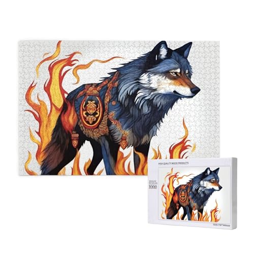 Wolf mit Feuer bedeckte Puzzles für Erwachsene, 1000 Teile, Holzpuzzle für Familie, Freunde, Heimdekoration, Wandkunst, 29,5 x 50 cm von WapNo