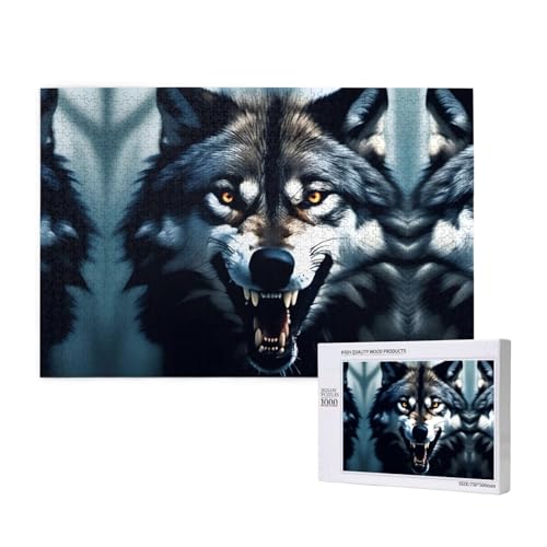 Wolf mit bloßem Zähnen Puzzle für Erwachsene, 1000 Teile, Holzpuzzle für Familie, Freunde, Heimdekoration, Wandkunst, 29,5 x 50 cm von WapNo