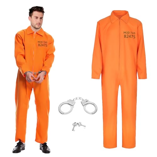 Sträfling Kostüm Karneval, Orange GefäNgnis Kostüm Herren Damen Unisex, Kostüm Häftling, Gefangener, Insasse, Sträfling, Verbrecher Faschingskostüme Cosplay Karneval Party Overall Kostüm (M-L) von Wapasezyar