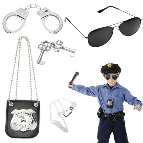 Wapasezyar Polizei Kostüm Zubehör, Handschellen Kinder Polizei Zubehör Set, Polizei Kostüm Kinder Zubehör Ausrüstung mit Party-Brille, Handschellen für Karneval Cosplay Polizei Kinder Herren Damen von Wapasezyar