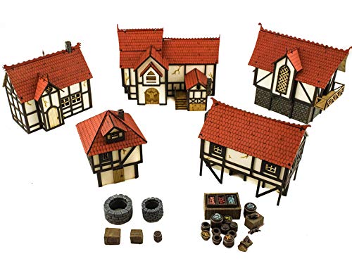 War World Gaming Medieval Town 5 Gebäude (Vorbemalt/Unbemalt) mit Harz-Geländestücke - 28mm Fantasie Tabletop Gelände Modellbau Terrain von War World Gaming