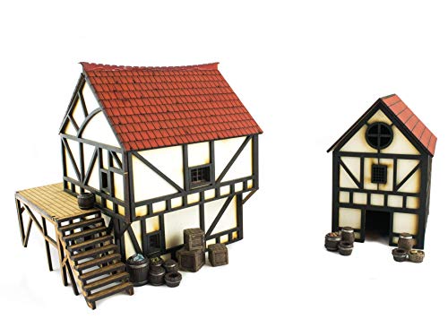 War World Gaming Medieval Town Cottage und Bürgerhaus Set mit Harz-Zubehör (Vorbemalt/Unbemalt) - 28mm Fantasie Tabletop Gelände Modell Modellbau von War World Gaming