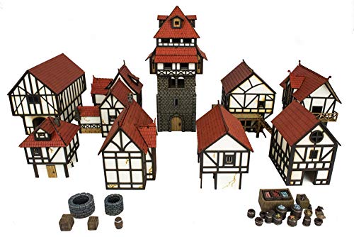 War World Gaming Medieval Town Komplettset (Vorbemalt/Unbemalt) - 28mm Fantasie Tabletop Gelände Modellbau Terrain von War World Gaming