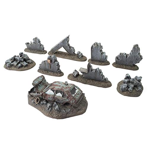 War World Gaming War Torn City Zerstörte Bauschutt Set 2 mit Beschädigtem Auto - 28mm Sci-Fi Wargame Tabletop Gelände Geländebau Modellbau Zombie Post-Apokalyptisch von War World Gaming