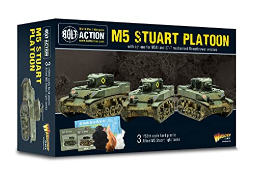 Warlord Games M5 Stuart Platoon Bolt Action - 3x Kunststoff-Tanks 1:56 - Modellbaukit für Erwachsene - Unlackiert, Beschädigungsmarker, Aufkleberblatt - Medium, Unisex von Warlord Games