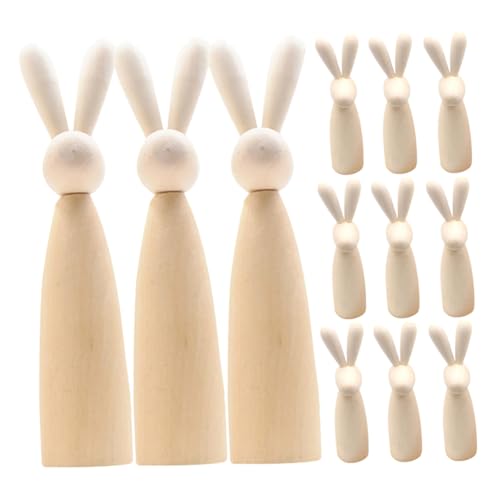 Warmhm 12St Hasenkopf-Holzfigur Holz Hasen Figuren Naturholz Puppen Bastelset Kaninchen holzspielzeug Peg-Puppen-Set Puppenpflöcke aus Holz Hasenfigur aus Holz peg puppe handwerk Beige von Warmhm