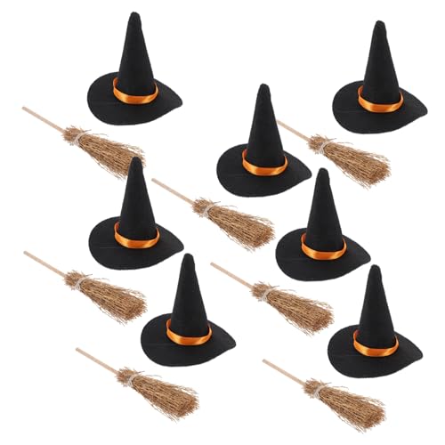 Warmhm 7 Satz Halloween Hexenhut Set Mini-Halloween-Besen Kleiner Hexenhutbesen Mini-hexenbesenhut Halloween-Haarschmuck Hexenhut Dekor Hexenhut Weinflaschendekor Hexenkostüm Stoff von Warmhm