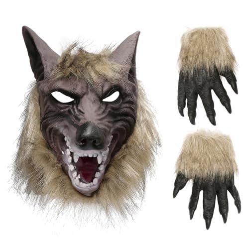 Warmhm Halloween Werwolf Kostüm Set, Horror Werwolf Kopfmaske und Klauenhandschuhe Wolf Cosplay Maske Anziehkostüm für Halloween Party von Warmhm