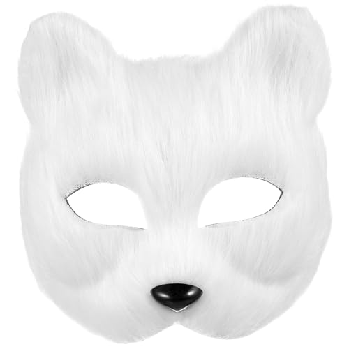 Warmhm Therian-Maske Katzen-Fuchs-Maske Plüsch-Katzenmasken Stofftiermaske Pelzige Party Realistische Katzenmaske Ostermaske Maskerade Halbe Gesichtsmaske Wolfsmasken Cosplay-Kostüm Weiß von Warmhm