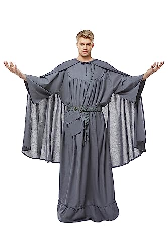 Waslary Gandalf Cosplay Kostüm Erwachsene Grau Zauberer Kostüm Graue Kleid Umhang und Gürtel Herren Halloween Kostüm von Waslary