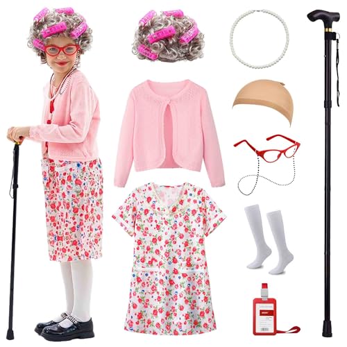 Watlie 100 Tage Alte Dame Kostüm für Kinder, alte Dame Perücken für Mädchen & andere Halloween Cosplay Oma Dress Up von Watlie