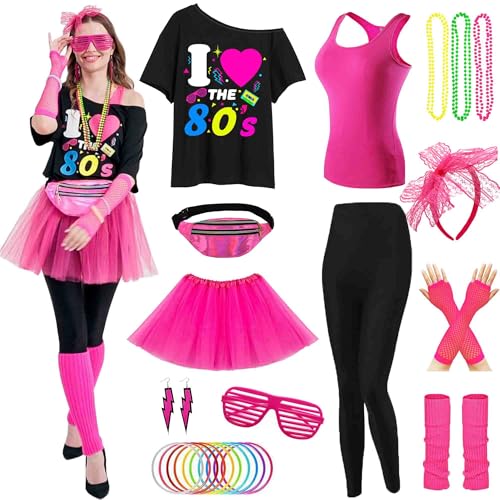 Watlie 80er-Jahre-Kostüme für Damen, 80er-Jahre-Outfit für Damen, Kostüm-Set, T-Shirt, Leggings, Tutu-Rock, 80er-Jahre-Kostüme für Damen, Cosplay (XL) von Watlie