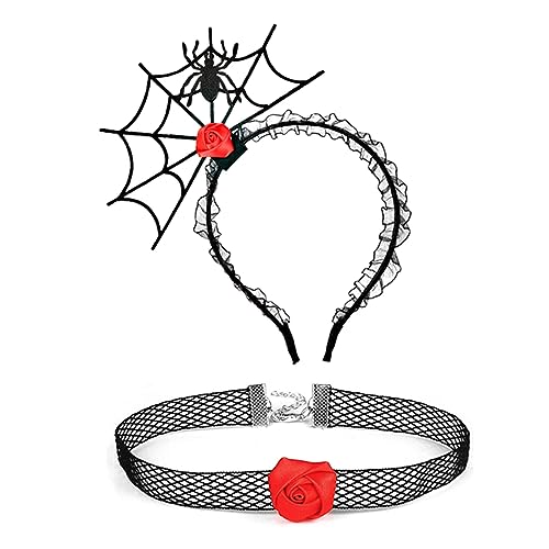 Watreketal Stirnband, Punk-Spinnennetz-Form, Haarband und Cosplay-Spitzen-Choker-Set, Halloween-Zubehör für Damen, Mädchen, Karneval, Partyzubehör von Watreketal