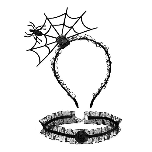 Watreketal Stirnband, Punk-Spinnennetz-Form, Haarband und Cosplay-Spitzen-Choker-Set, Halloween-Zubehör für Damen, Mädchen, Karneval, Partyzubehör von Watreketal