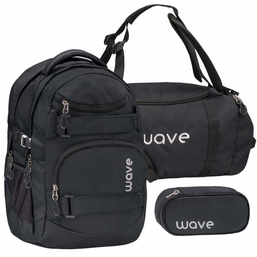 Wave Schulrucksack Set BLACK 3teilig mit Sporttasche und Schlamper von Wave