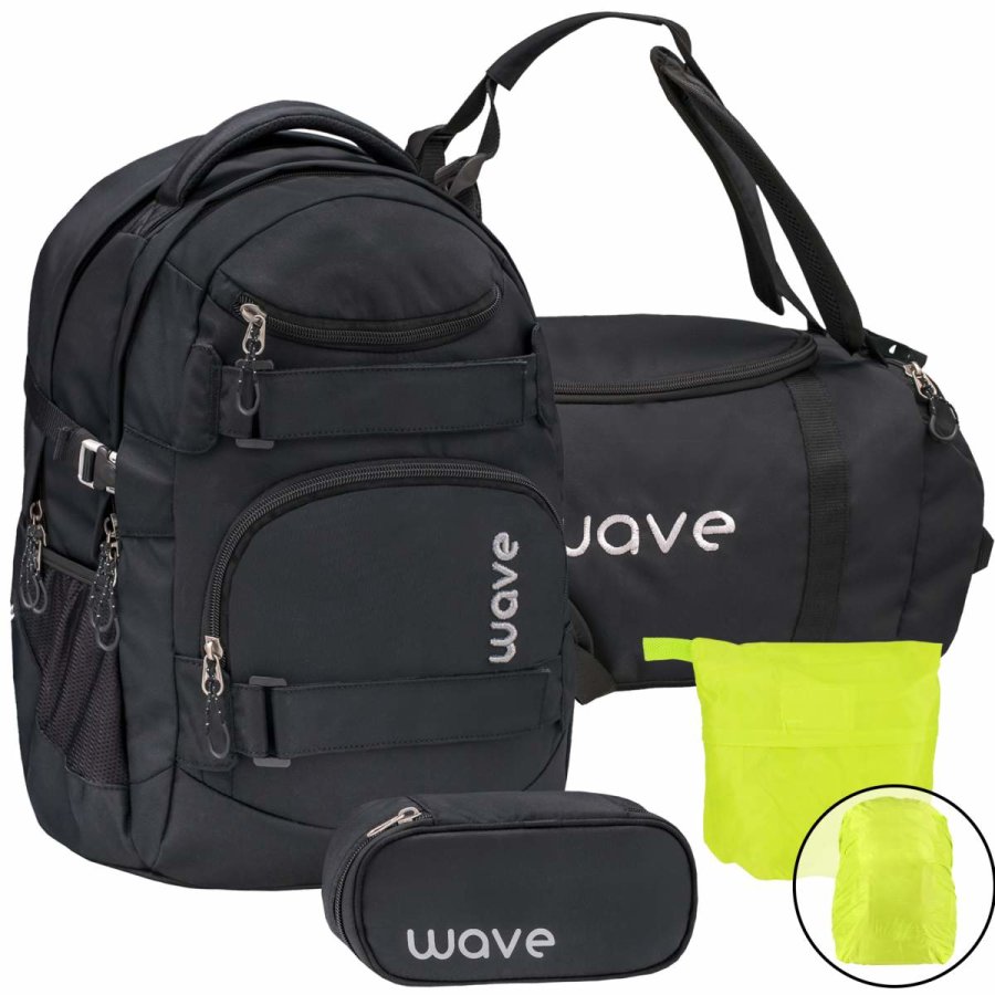 Wave Schulrucksack Set BLACK 4teilig mit Sporttasche Schlamper und Regenschutz von Wave