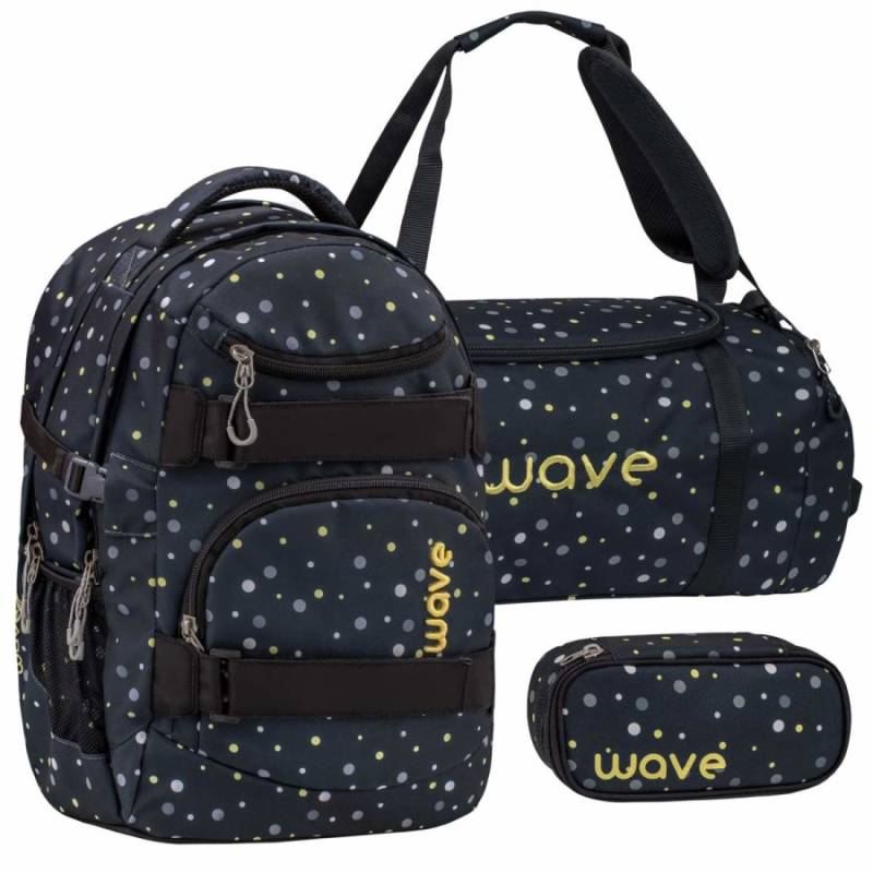 Wave Schulrucksack Set BLACK AND YELLOW DOTS 3teilig mit Sporttasche und Schlamper von Wave