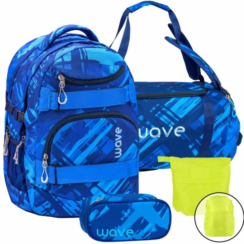 Wave Schulrucksack Set DEEP OCEAN 4teilig mit Sporttasche Schlamper und Regenschutz von Wave