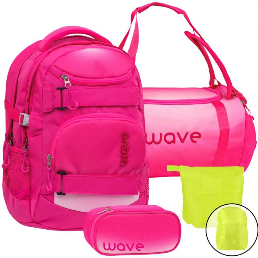 Wave Schulrucksack Set OMBRE LIGHT PINK 4teilig mit Sporttasche Schlamper und Regenschutz von Wave