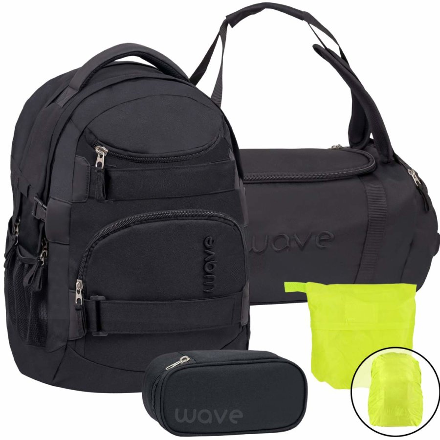 Wave Schulrucksack Set POSH BLACK 4teilig mit Sporttasche Schlamper und Regenschutz von Wave