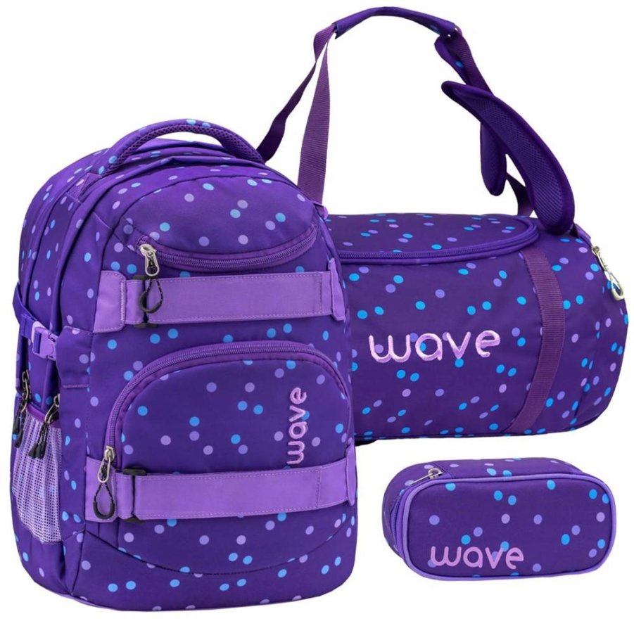 Wave Schulrucksack Set PURPLE DOTS 3teilig mit Sporttasche und Schlamper von Wave