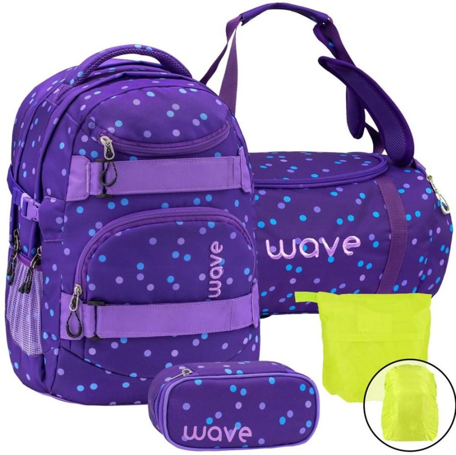 Wave Schulrucksack Set PURPLE DOTS 4teilig mit Sporttasche Schlamper und Regenschutz von Wave