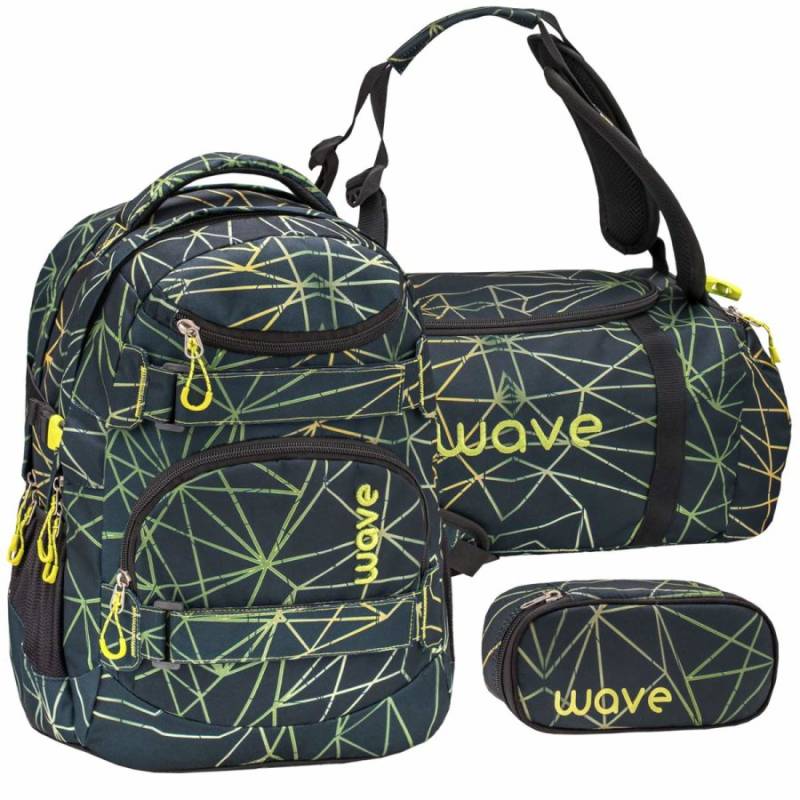 Wave Schulrucksack Set STRIPES GREEN 3teilig mit Sporttasche und Schlamper von Wave