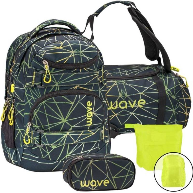 Wave Schulrucksack Set STRIPES GREEN 4teilig mit Sporttasche Schlamper und Regenschutz von Wave