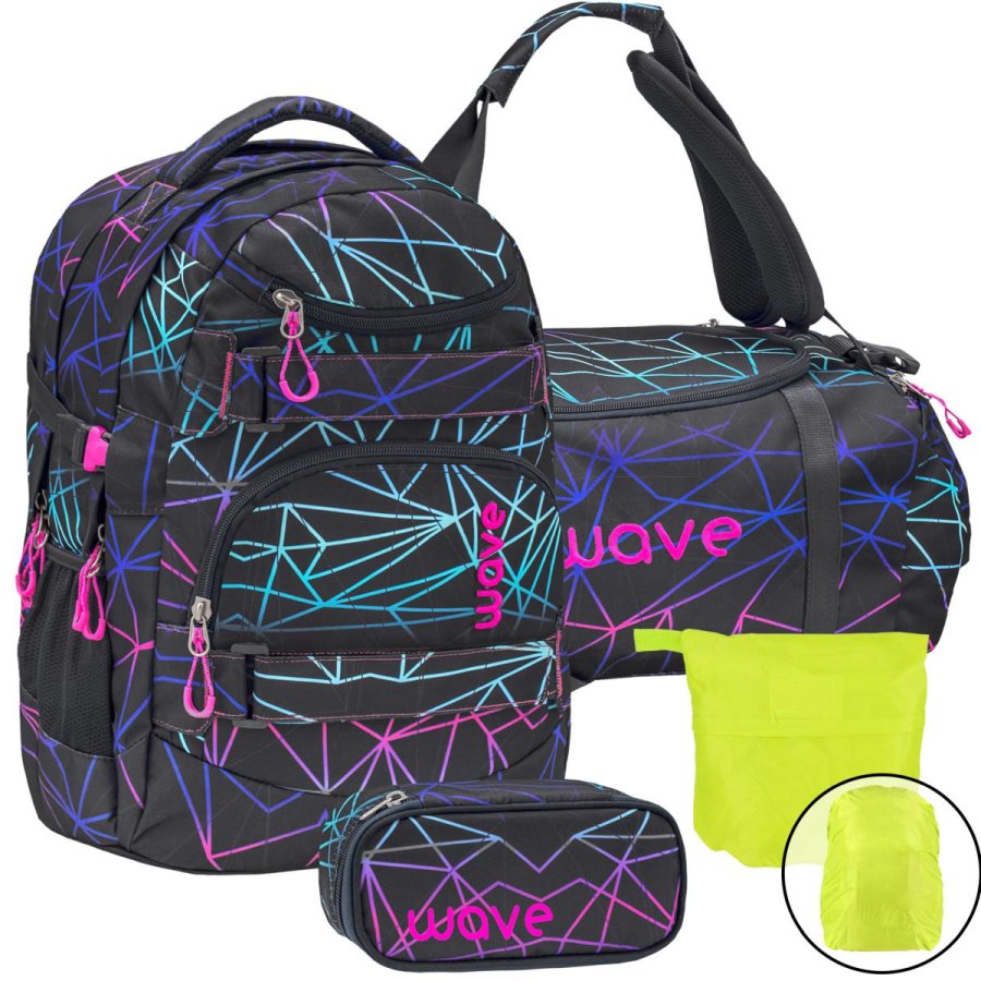 Wave Schulrucksack Set STRIPES PURPLE 4teilig mit Sporttasche Schlamper und Regenschutz von Wave