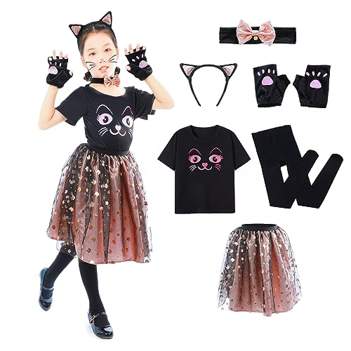 Wbesty Halloween Schwarz Katze Kostüm für Mädchen mit Slim Fit Katze Gesicht T-Shirt, Bogen Kragen mit Glocken und Gold Puffy Kleid, 7-8Jahre von Wbesty