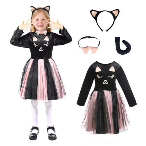 Wbesty Halloween Schwarze Katzenkostüm für Mädchen mit rosa Tutus, Katzenohren Stirnband und Schwanz, Schleifenhalsband,3/4 Jahre alt von Wbesty