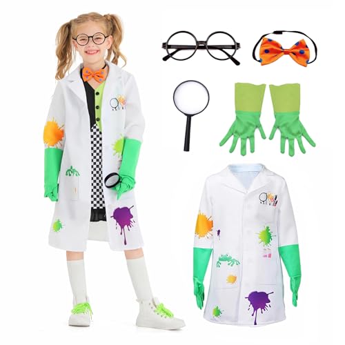 Wbesty Kids Mad Scientist Kostüm mit Brillengestell Fliege Handschuhe Lupenbrille 5Pc Kids Laborkittel Halloween Verkleidung, 12-14Jahre von Wbesty