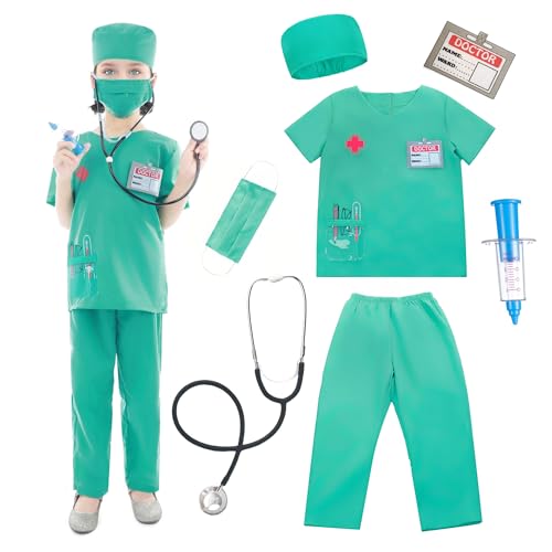 Wbesty Kinder Scrubs für Mädchen Kinder Arzt Kostüm 7pcs spielen Kits mit Kostüm und Zubehör für Halloween-Partys,Grün 5-7Y Wbesty Kinder Scrubs für Mädchen Kinder Arzt Kostüm 7pcs spielen Kits mit Kostüm und Zubehör für Halloween-Partys,Grün 5-7Y von Wbesty
