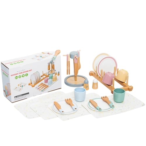 Küchenspielset für Kinder | Spielgeschirr-Set aus Holz | Lebensmittel-Lernspielzeug mit Tellern, Schüsseln und Zubehör | Pädagogisches Rollenspiel-Küchenset | Robustes Küchenspielzeug für und M von Wcybym