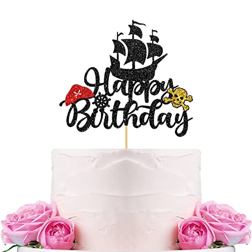 WeBenison Piraten Thema Happy Birthday Kuchen Topper / Baby Shower / Segeln Schatz Party / Nautische Piraten Party Dekorationen Schwarz Glitter von WeBenison