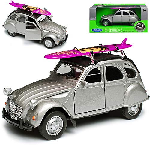 Citroen 2cv 6 Silber Grau mit Surfbrett Ente 1949-1990 ca 1/43 1/36-1/46 Welly Modell Auto von WeIIy